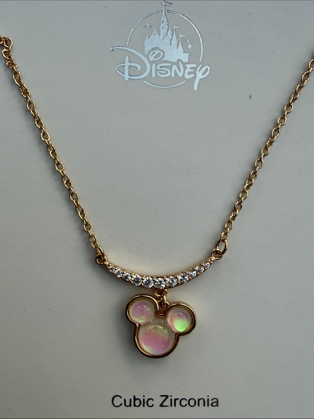 Disney Gold-Tone Iridescent Pink Mickey Mouse Cubic Zirconia Pendant Necklace